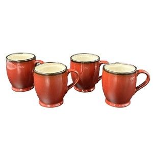 Pier 1 Hand Painted Stoneware Colored Rim Crimson Coffee Mugs Set of 4 Mugs